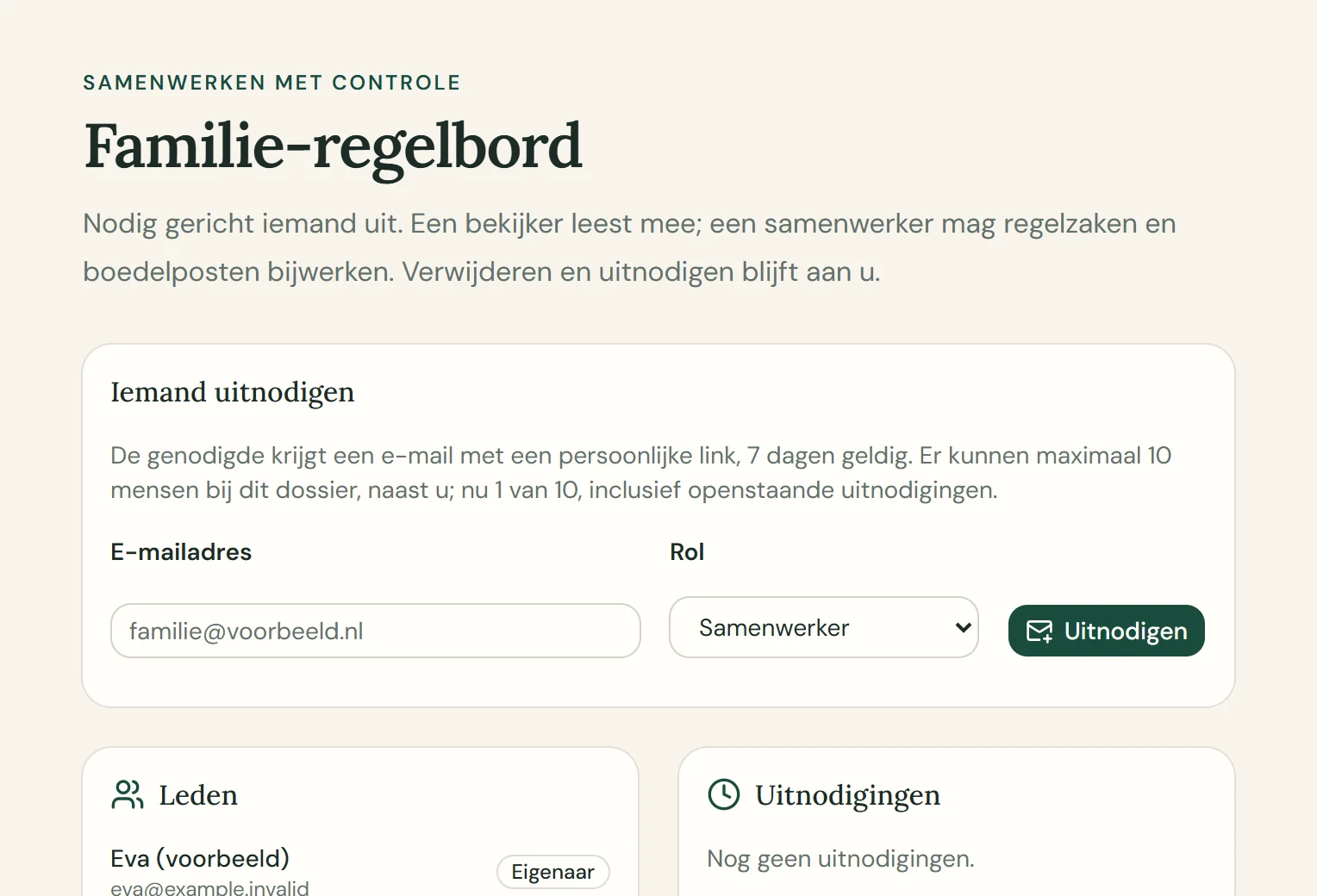 Familie-regelbord met uitnodigingen en rollen voor betrokkenen