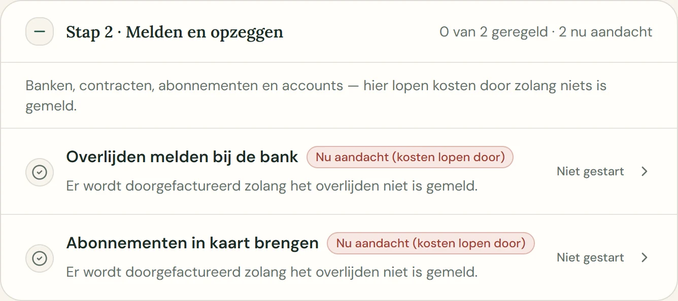 Regelzaken met openstaande taken voor bank en abonnementen