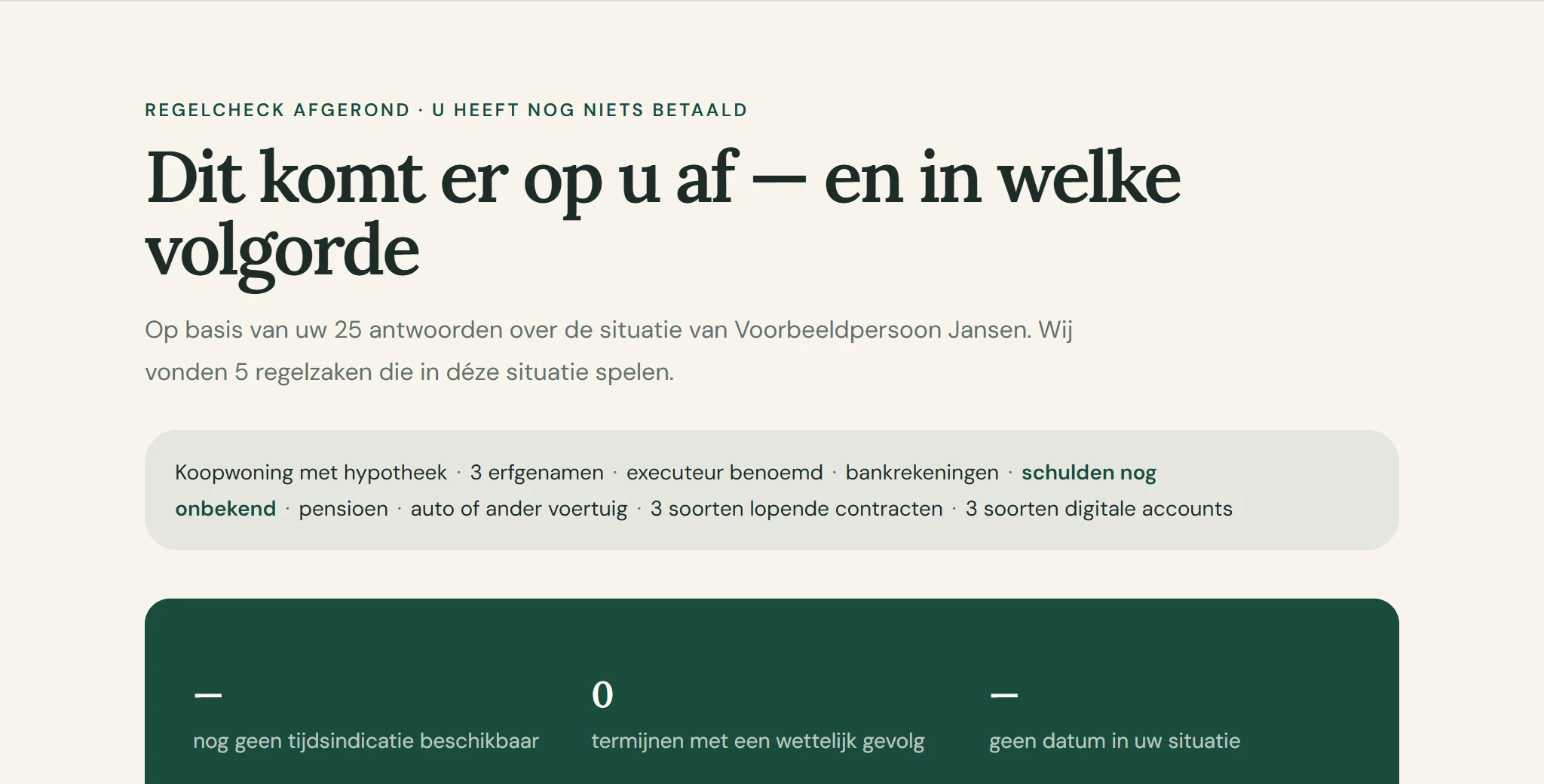 Regelcheck-uitkomst met de situatie van een fictieve persoon en onderwerpen die aandacht vragen